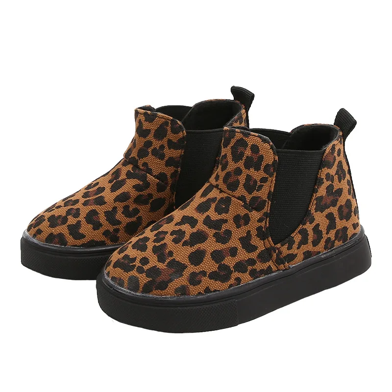 Kids Autumn Winter Leopard Boots Canvas Cotton Slip-on Children Girls Casual Shoes Boys 1-6 Years Kids Ankle Boots TX010