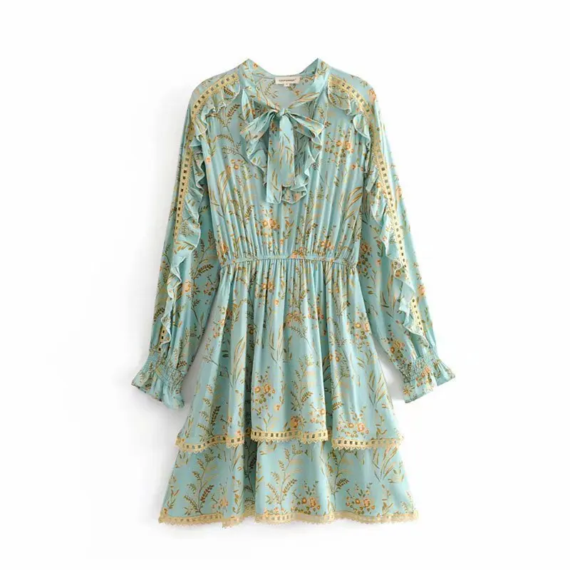 

2019 Spring Europe And America WOMEN'S Dress Turquoise Positioning Printed Hollow out Flounced Lace-up Dress 8329