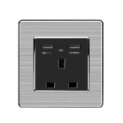 2 USB UK 86 Тип переключатель клавиатуры компьютера ТВ розетка настенная ручка из нержавеющей стали 1 местный 1 позиционный светильник Точечный переключатель с светодиодный Франция Германия Британский разъём гнезда USB - Цвет: 2 USB UK