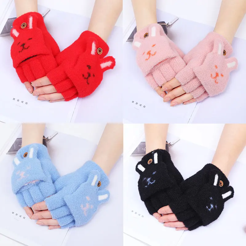 

Half Finger Flip Gloves Fingerless Mittens Winter Warm Soft Women Gloves 1 Pairs Plush Thicken Solid Color Cute Cartoon Cat Ears