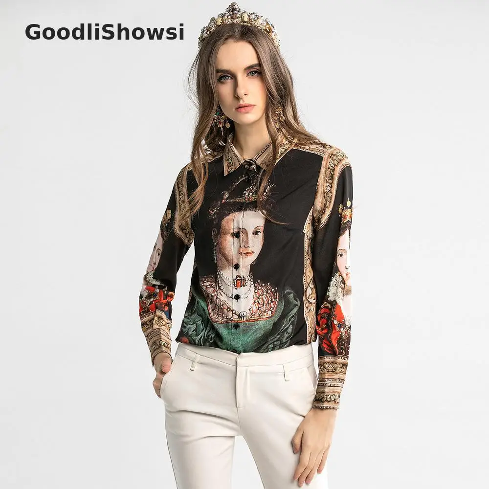 GoodliShowsi, западный стиль, Ретро стиль, женская рубашка с рисунком, отложной воротник, однобортный, длинный рукав, модные повседневные топы - Цвет: Черный
