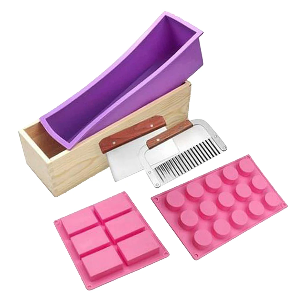 Silicone Soap Mold Wood Box Kit Flexible Cake Mold, Stainless Steel Wavy Straight Scraper Soap Cutter Slicer for Candle Making