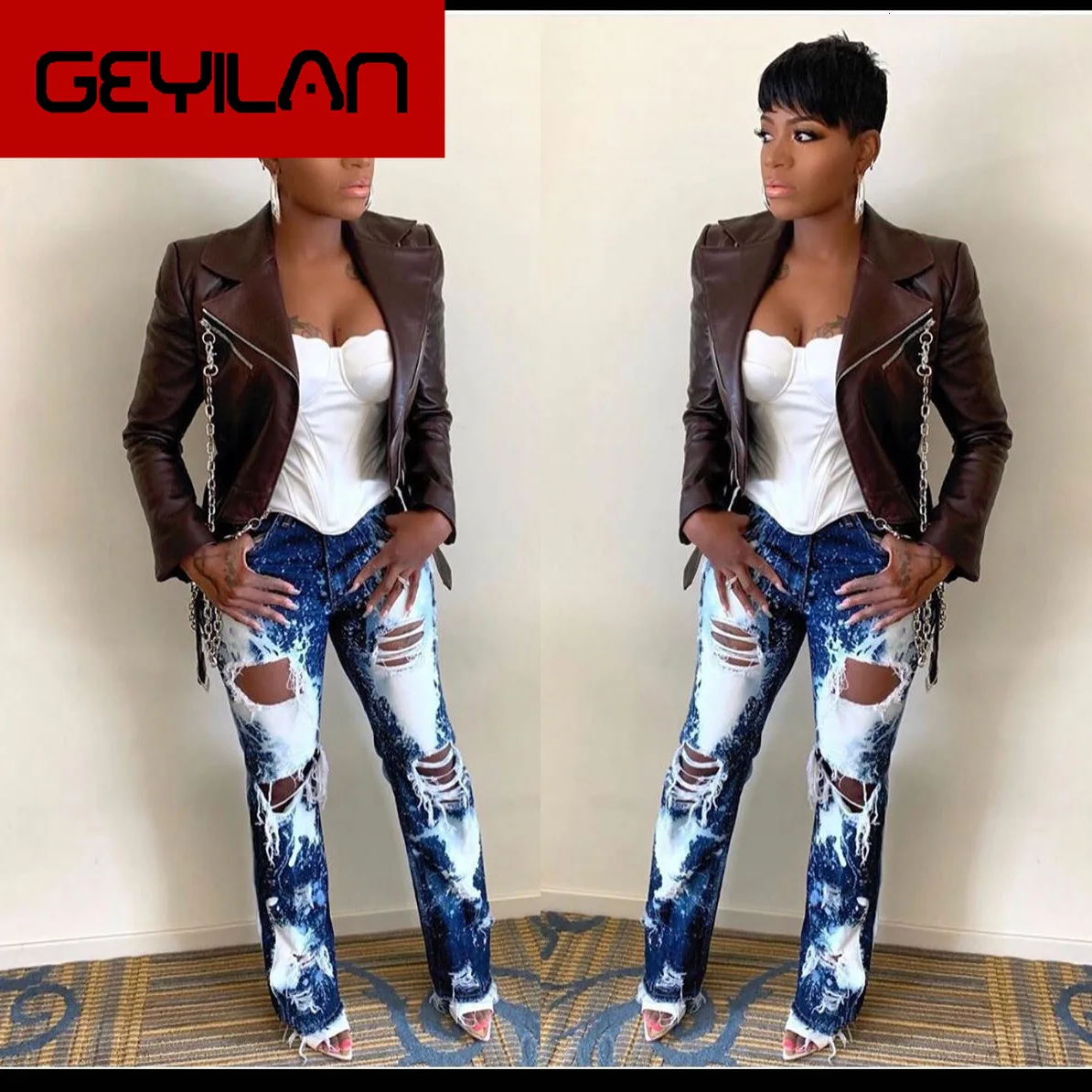 

Streetwear Distressed Straight Jeans For Woman Beggar Ripped Hole High Waisted Destroyed Jean Broken Bleached Denim Pants Mujer