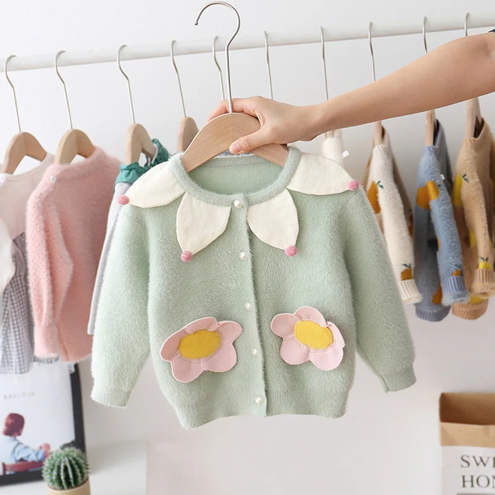 Милый Модный осенне-зимний трикотажный свитер для маленьких девочек, цветочные шарики, кардиган, топы, верхняя одежда, пальто, S9513 - Color: Green