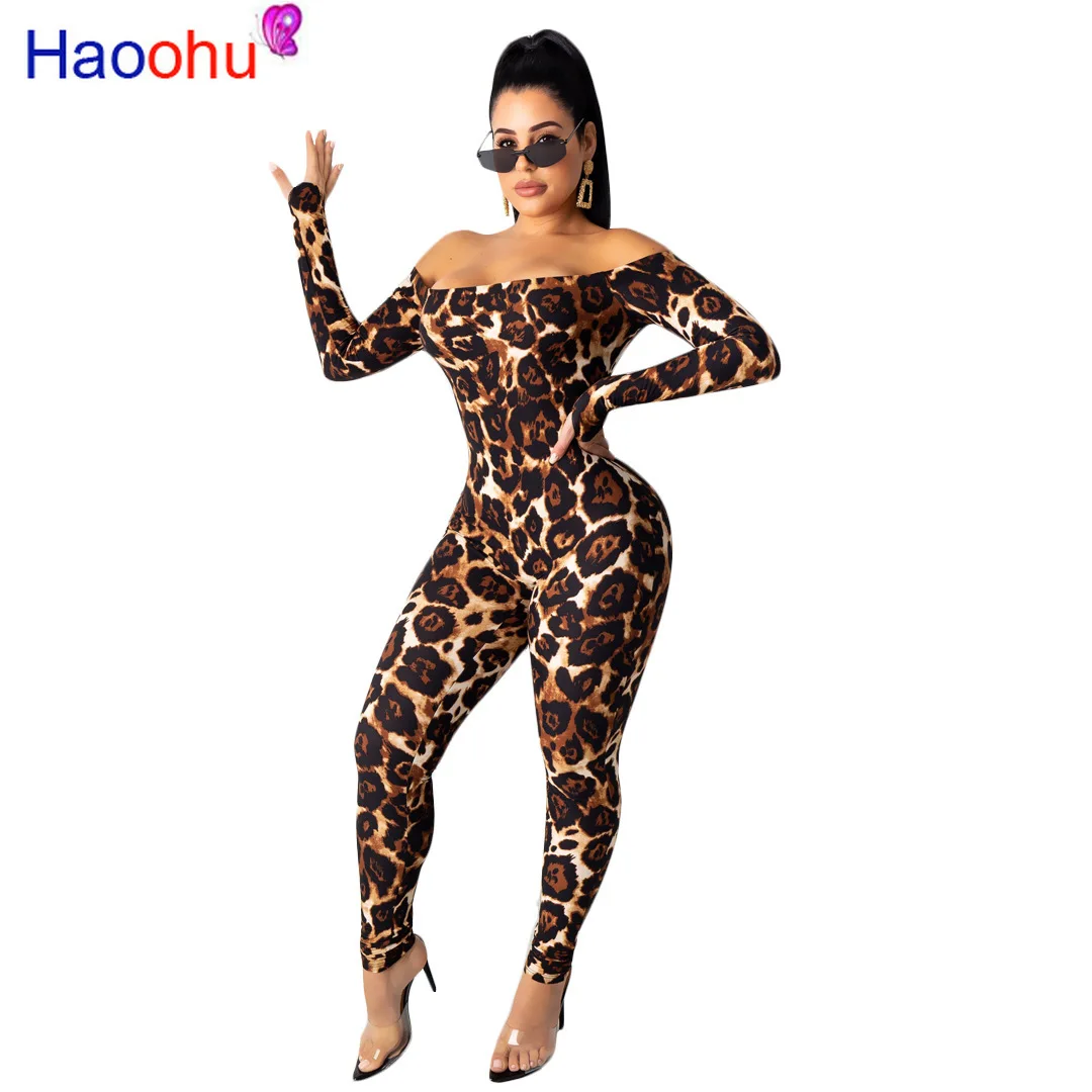 

Sexy Leopard Rompers Womens Jumpsuit 2019 Fall Body Overalls One Piece Outfits Off Shoulder Long Sleeve Bodycon Jumpsuit