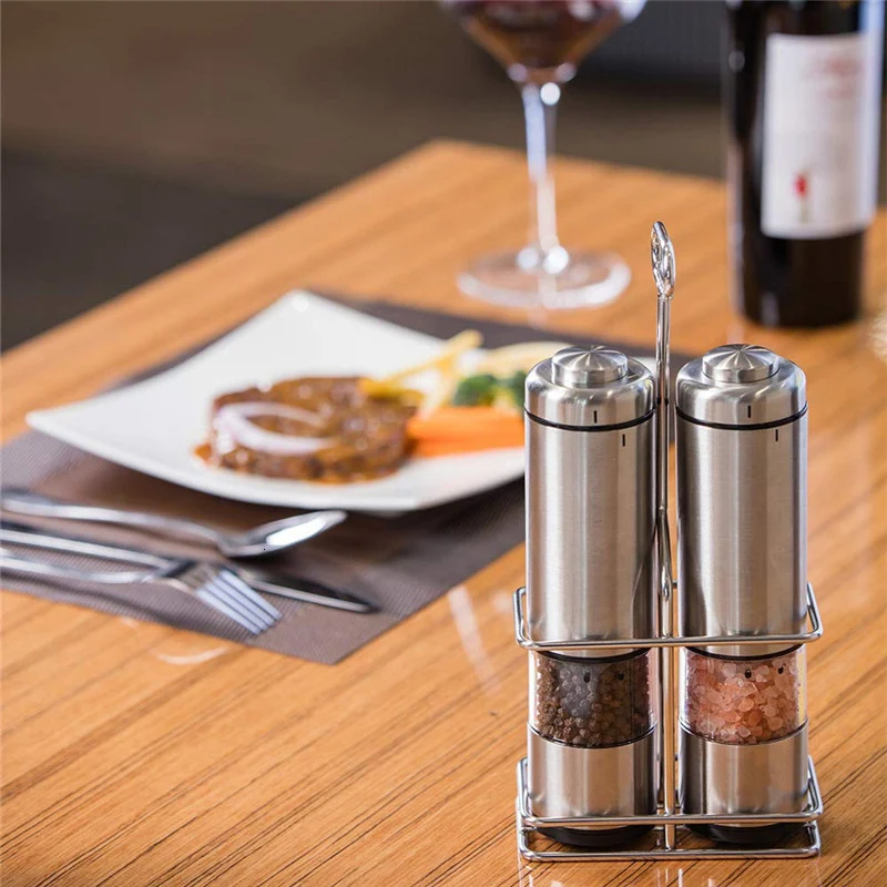 2 Pcs/Set Electric Salt and Pepper Grinder with Metal Stand Automatic Stainless Steel Manual Pepper Mill with LED Light Hot Sale