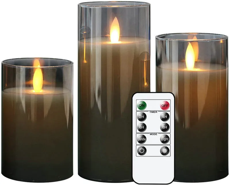

Pack of 3 LED Flickering Battery Operated Candles w/10 Key Remote Control Paraffin Wax Moving Wick Pillar Glass Candle set-Gray