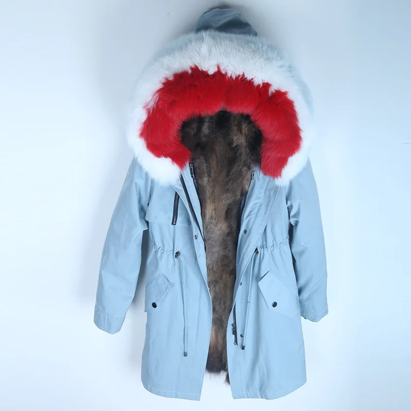 3 smoky blue coat Новинка, теплое зимнее женское пальто, куртка с подкладкой из натурального меха енота, длинная парка с воротником из натурального Лисьего меха, модная Толстая куртка - Цвет: 3 smoky blue coat