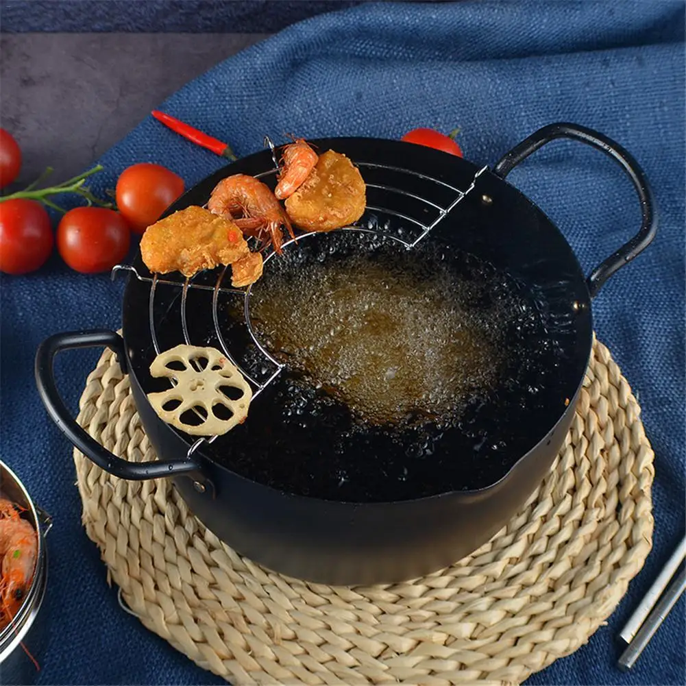 Japanese Fryer 22CM Fine Iron Pot With Removable Drain Rack Large Capacity Home Hotel Fried Shrimp Non-stick Pan Tempura Hot Pot