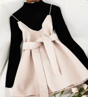 black beige Amolapha, Женская Однотонная футболка+ верх с лямками, наборы, женская модная длинная футболка, джемперы, 2 штуки, костюмы, наряд - Цвет: black beige