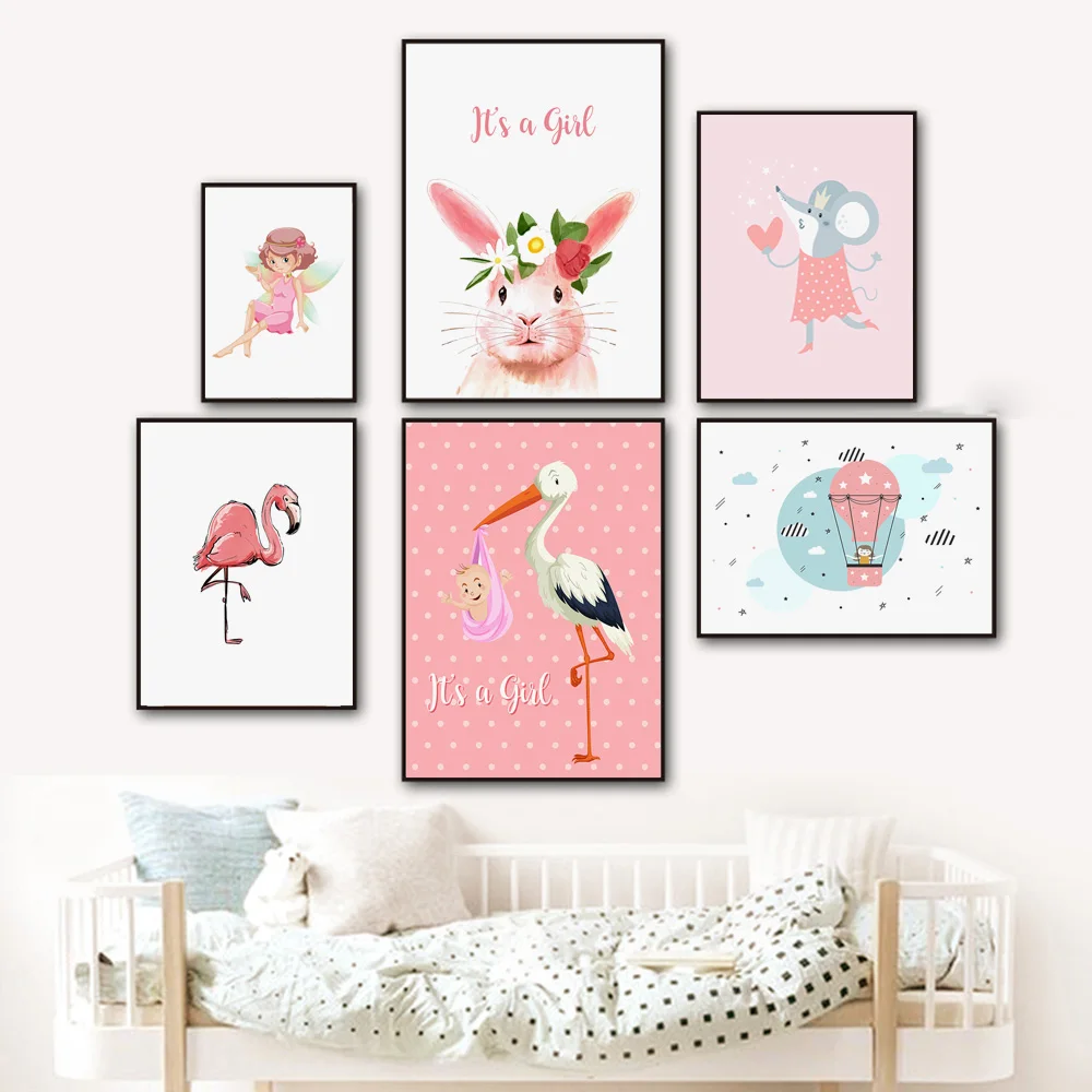 Pink Cartoon Flamingo Rabbit Mouse Wall Art Canvas Painting Nordic Posters and Prints Pictures Kids Baby Girl Room Decor | Дом и сад