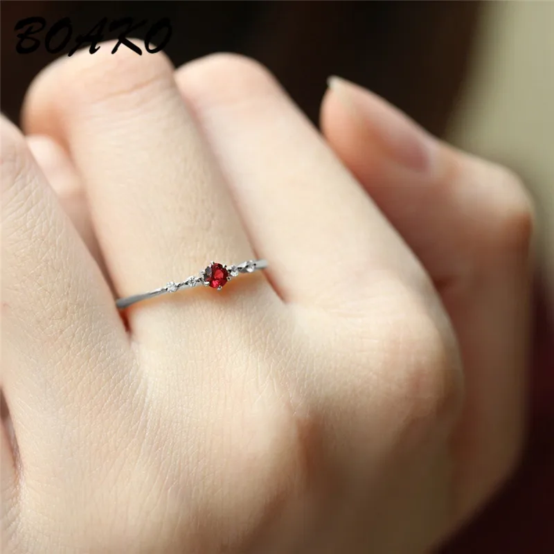 BOAKO простые кольца с красным камнем и кристаллами для женщин женские шикарные изящные тонкие кольца украшения для пальцев нежные золотые свадебные кольца Anillos - Цвет основного камня: Silver