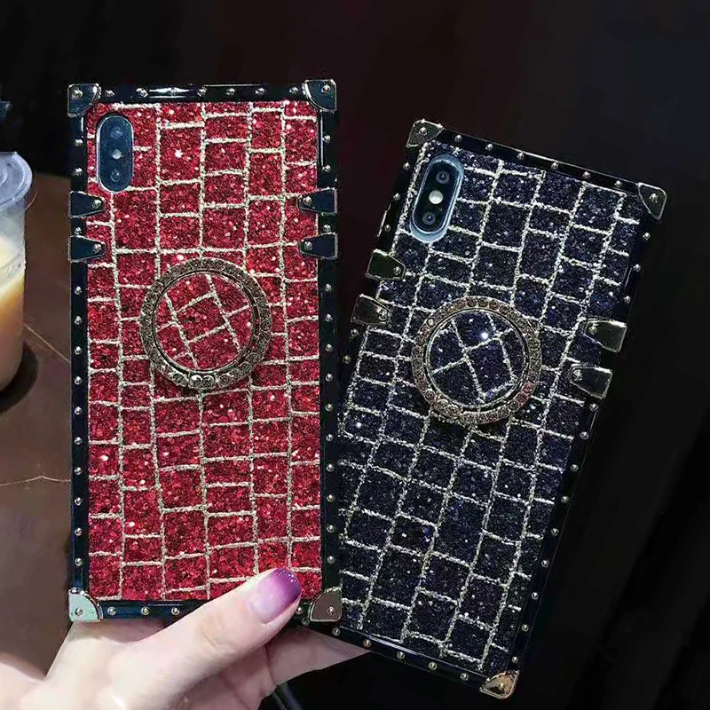 Luxury Brand Square Bling Shiny Glitter Powder Case For iPhone 11 Pro Max XS Max XR X 8 7 6 6S Plus Silicone Cover Ring Bracket (12)