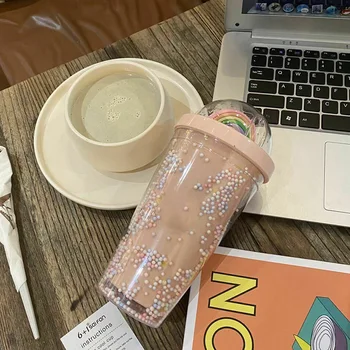 

Newly Tumbler Starlight 450ML Straw Cold Water Cup Rainbow Decoration Silicone for Summer TE889
