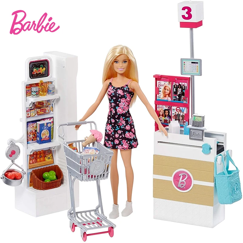 

Barbie Doll Blonde and Grocery Store with Rolling Cart and Working Belt Gift for Kids 3 to 7 Years Old Girl Toy Birthday Gift