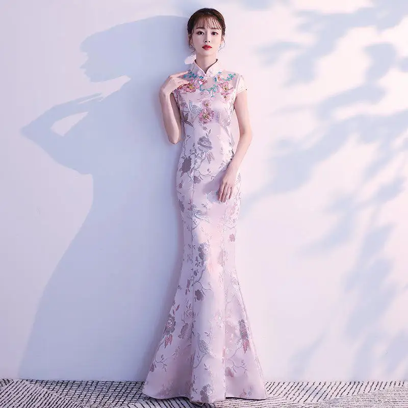 Вечерние Длинные Cheongsam в стиле ретро, сексуальное тонкое платье, свадебное платье в китайском стиле, модная женская одежда, Vestido - Цвет: Розовый