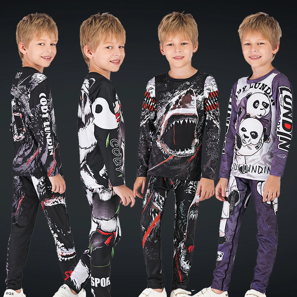Kids MMA Rashguard BJJ GI T-shirt +Pants Jiu Jusit Tight Trousers Muay Thai Shorts 3Pcs/Set Children MMA Compression Sportsuits 6