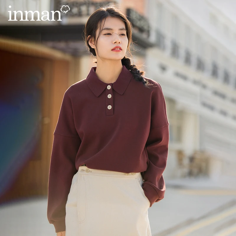 

INMAN Winter Contracted Pure Color Polo Collar Whorl literary Loose All-match Fleece