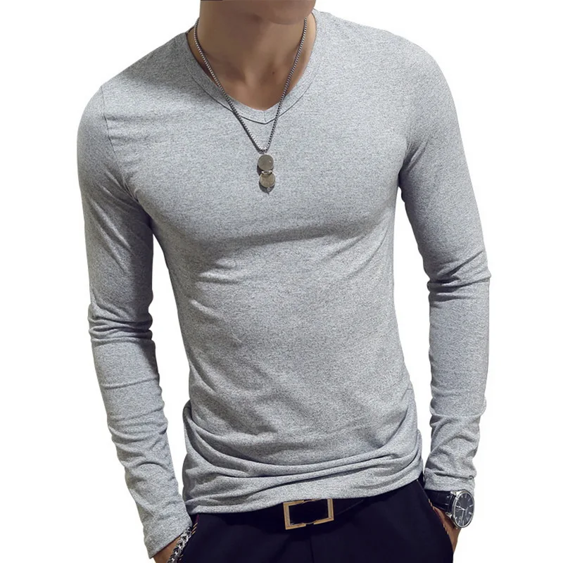 Gray V-Neck Мужские футболки с длинным рукавом, Модная хлопковая Приталенная футболка с v-образным вырезом и принтом, Мужская осенняя одежда в стиле хип-хоп, Мужская майка, мужские футболки - Цвет: Gray V-Neck