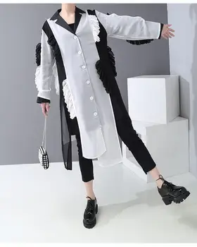 

Women's Splicing Color Irregular Long Chiffon Shirt Spring / Summer Fungus Side Long Sleeve Lapel Single Row Button Shirt