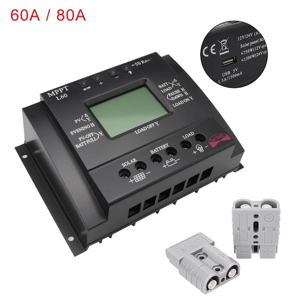 

60/80A MPPT Solar Panel Regulator Controller 12/24V + 2X Plug Power Connector