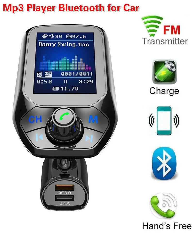 

FM Transmitter Car Kit MP3 Modulator Player Dual USB QC3.0 Fast Charging Charger 1.8-inch USB Flash Drive/TF Card Mp3 Player