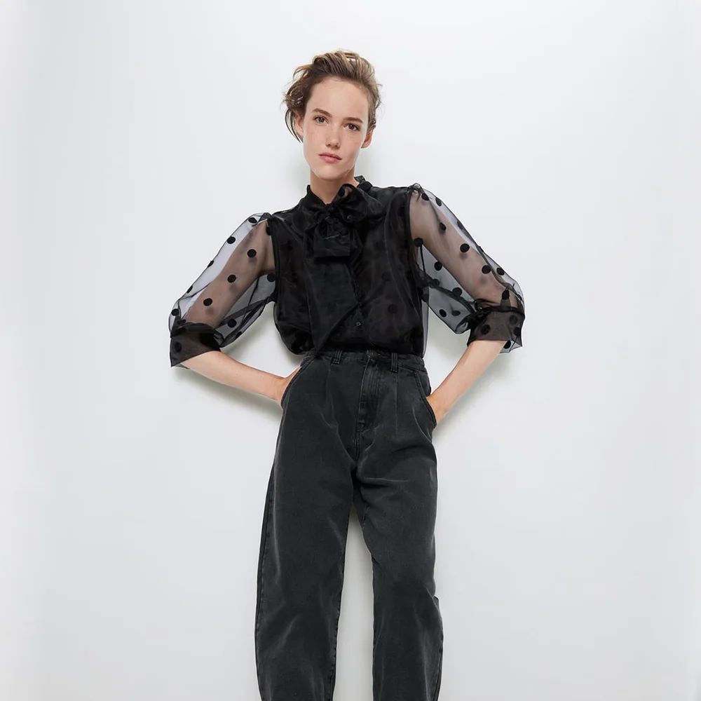 ZA Solid Shirt Fashion Autumn Winter Polka Dot Bow Tie Blouse Top Women Casual Shirt Party Travel Friends Gifts Wholesale
