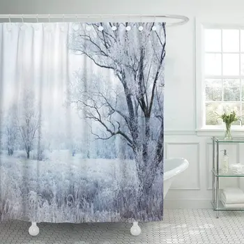 

Fabric Curtains with Hooks Blue Forest Winter Evening Landscape with Falling Snow Christmas Scene Tree Shower Curtain