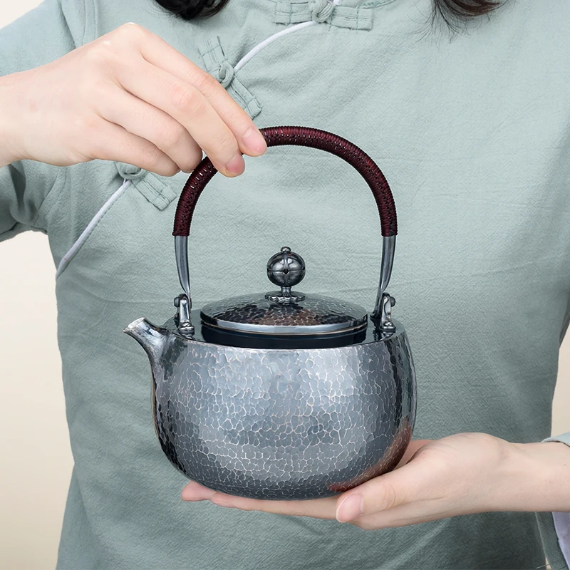 Sterling silver 999 silver kettle handmade one piece retro thick household tea props sterling kettle