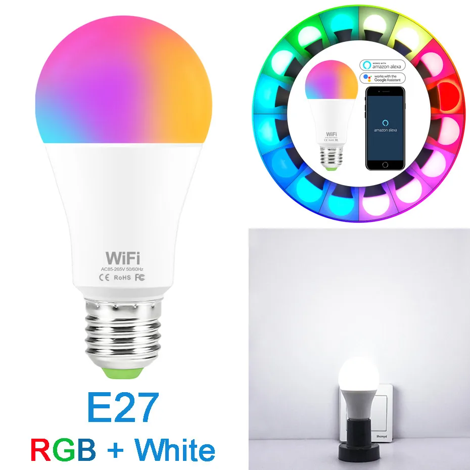 E27 RGB Cold White 15 Вт WiFi многоцветный светодиодный светильник E27/B22 AC85-265V с регулируемой яркостью приложение дистанционное управление домашний ночник работает с Alexa и Google Assistant - Испускаемый цвет: E27 RGB Cold White