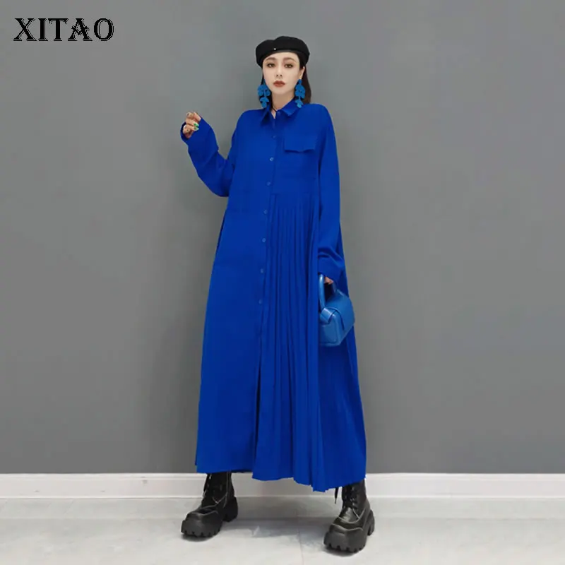 XITAO плиссированное длинное платье-рубашка модное повседневное свободное платье
