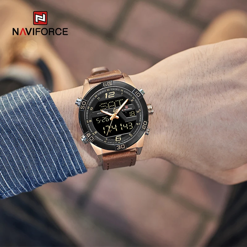 NAVIFORCE Luxury Gold Watches For Men Leather Band Waterproof Digital Alarm Sport WristWatch Man Military Dual Time Quartz Clock