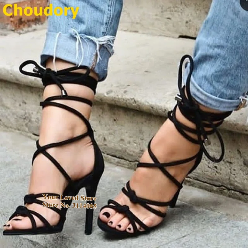 

Choudory Suede Bowtie Embellished High Heel Sandals Cross Strappy Fastening Dress Pumps Lace-up Stiletto Heels Nice Shoes Women