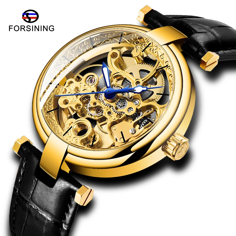 

Top Brand Luxury FORSINING Men Automatic Mechanical Watch Golden Skeleton Design Genuine Leather Band Luminous Waterproof Clock