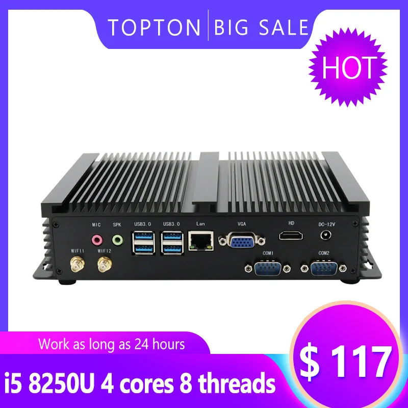 Безвентиляторный мини компьютер с Intel i7 8565U i5 8250U i3 5005U 1 HDMI 1VGA 1LAN 4USB 3 0 2COM Windows 10 Pro