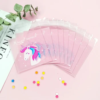 

100Pcs Cute Unicorn Self-adhesive Cookies Bags Plastic Pink Biscuits Candy Packaging Bag Wedding Birthday Party Supplies