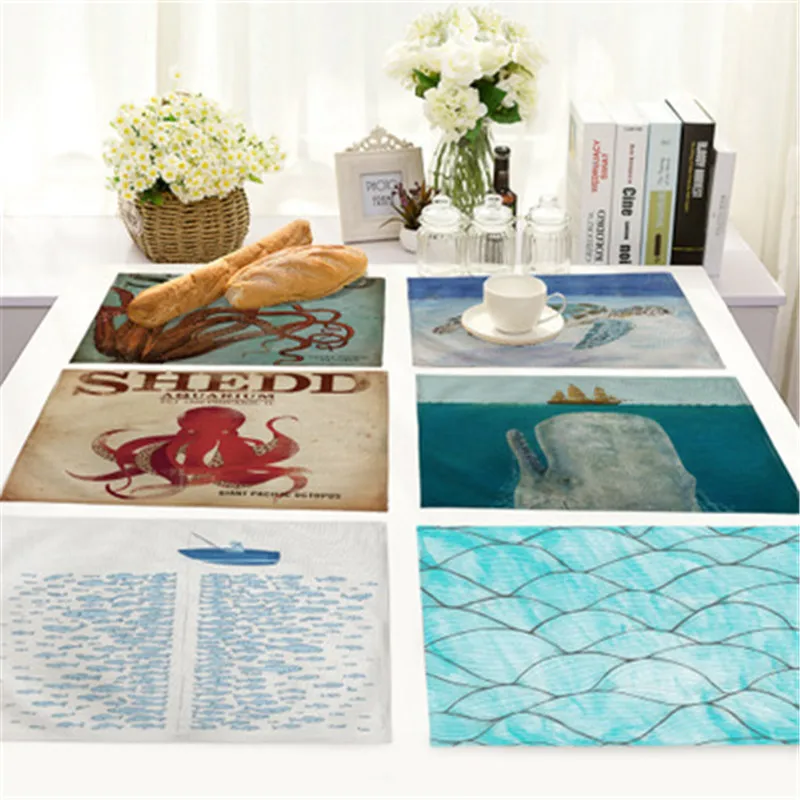 

Popular Cotton and Linen Cloth Western Food Mat Blue Ocean Series Small Turtle Octopus Heat Insulation Cushion 42 X 32 Cm