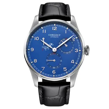 

Solid 42mm Corgeut Blue Dial Silver Marks Mineral Glass 3ATM Water Resistance Power Reserve Automatic Movement Men's Watch