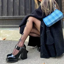 Zapatos de tacón con plataforma para mujer, calzado de charol, punta cuadrada, con hebilla, estilo gótico, Punk, color negro