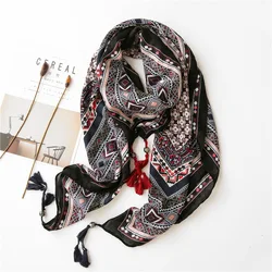 lady Fashion Bohemian Ethnic Geometric Tassel Viscose Shawl Scarf Lady High Quality Pashmina Stole Wrap Muslim Hijab 120*120Cm