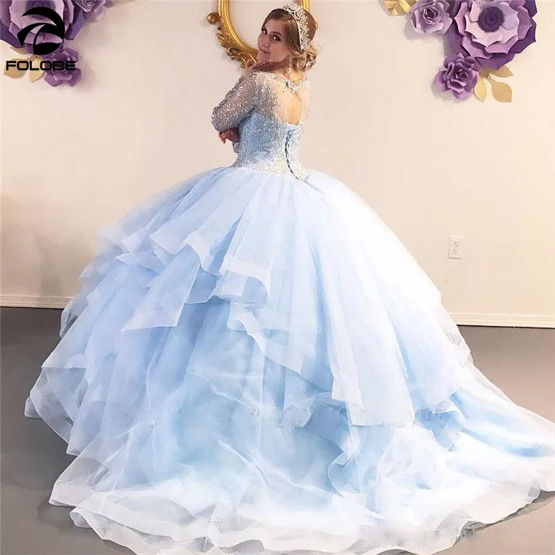 Vestidos de quinceanera милое 16 платье из органзы вечернее платье без спинки с длинными рукавами небесно-голубое платье Новогоднее платье vestido de 15 nos