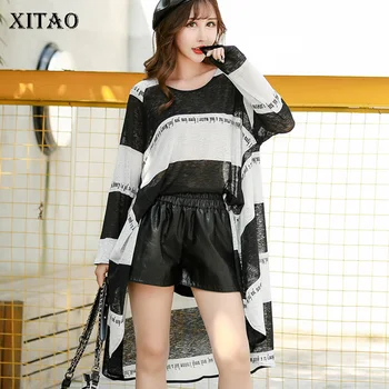 

XITAO Thin Striped Irregular T Shirt Women Fashion 2019 Autumn O Neck Letter Pull Sleeve Mesh Casual Style Minority Tee WLD2637