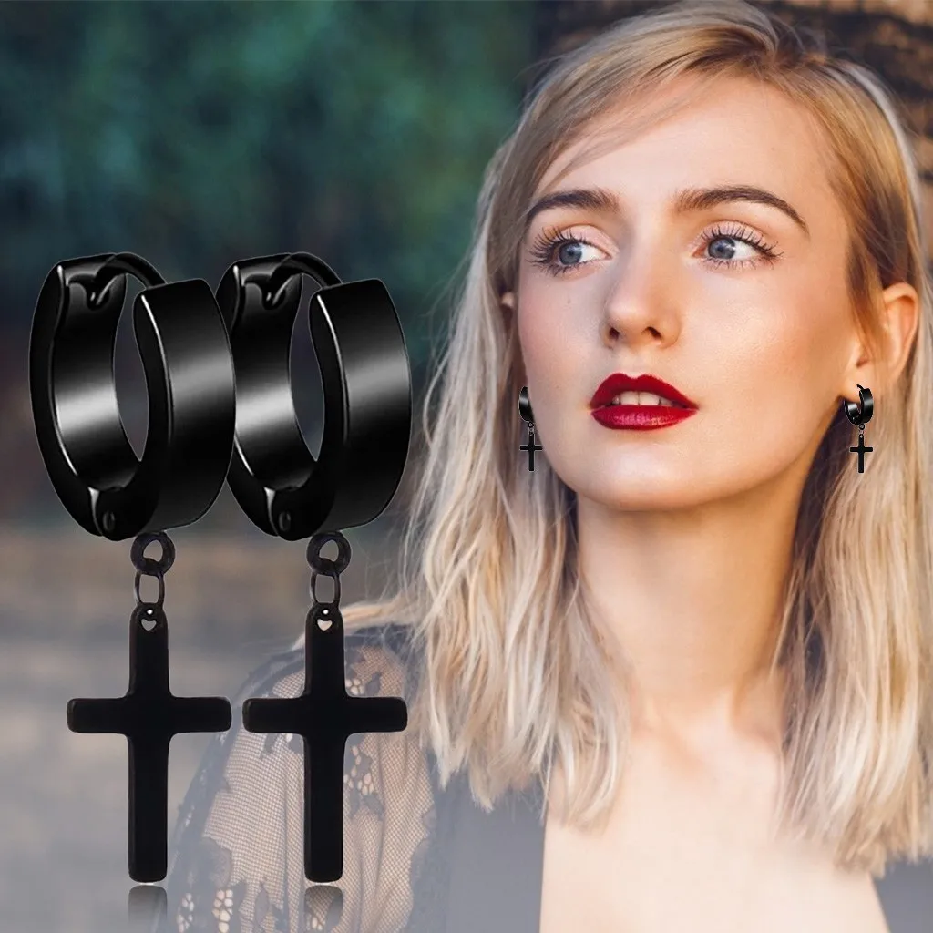 Non pierced Clip On Cross Dangle Hoop Earrings Set, Stainless Steel No Piercing Boucle D