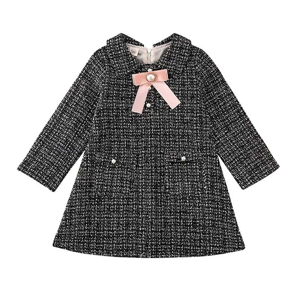 Элегантное Модное детское платье для маленьких девочек От 1 до 6 лет платье-пальто в клетку с бантом и жемчужинами вечерние осенние платья с длинными рукавами, верхняя одежда - Цвет: Черный