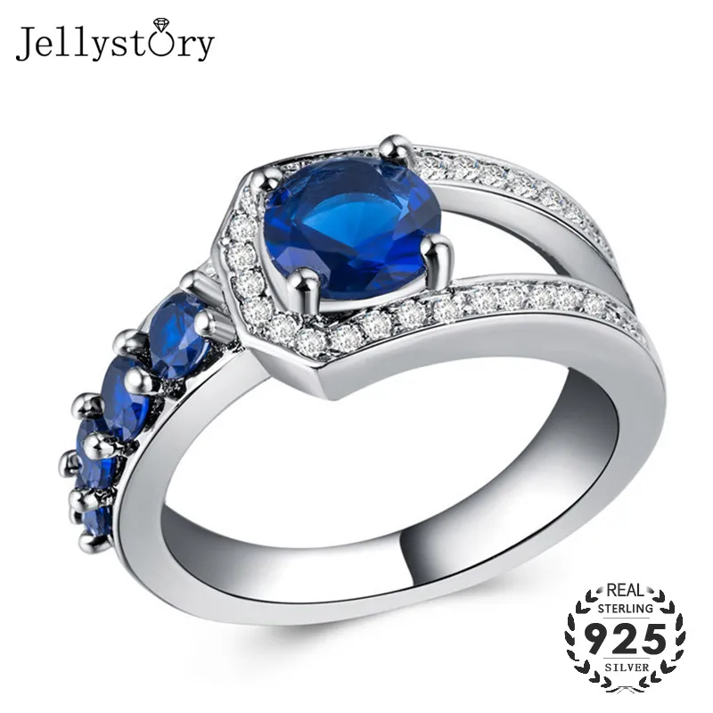 Jellystory Мода 925 Серебряное кольцо с 7 мм сапфир драгоценный камень циркон ювелирные