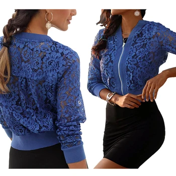 

Women's Lace Hollow-Out Long Sleeve Stand Collar Double Zipper Solid Color Cardigan Fashion printed short coat Sports and leisur