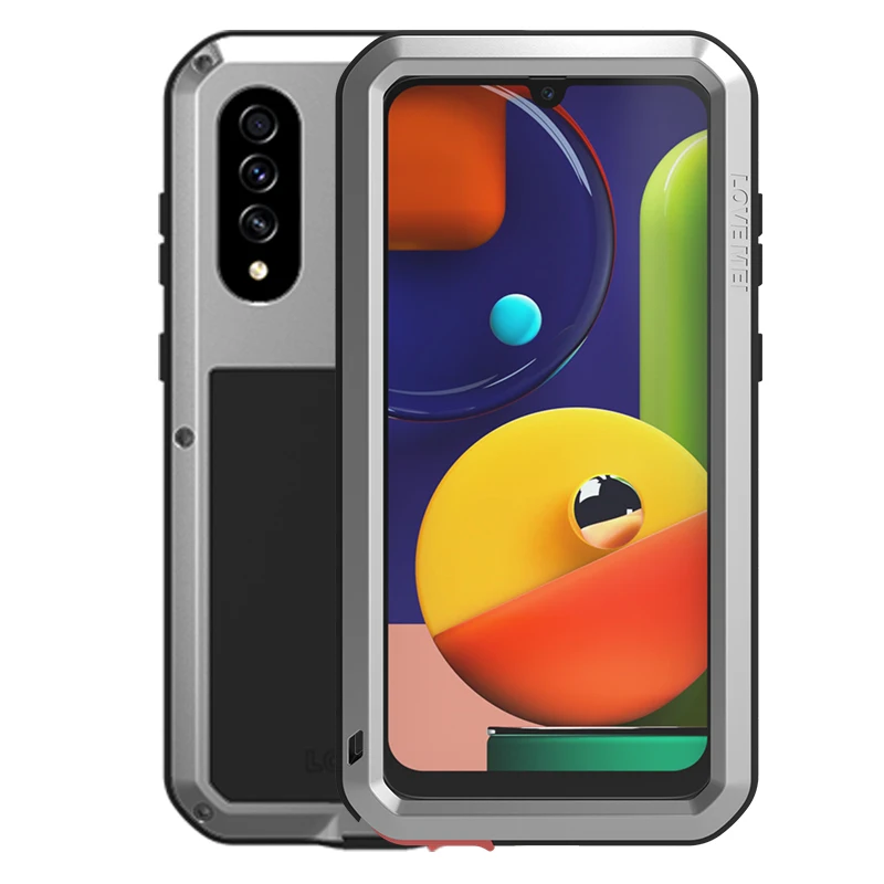 Серебристый Мощный противоударный чехол LOVE MEI для samsung Galaxy A50S A507 A507F, сверхпрочный чехол, силиконовый металлический чехол, закаленное стекло - Цвет: Серебристый