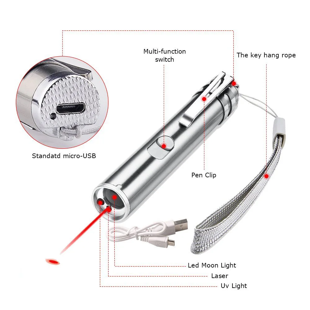 3 в 1 Мини лазерный светодиодный фонарик зарядка УФ-фонарик лазерная указка Многофункциональный Забавный Кот Красный лазер указатель USB Перезаряжаемый