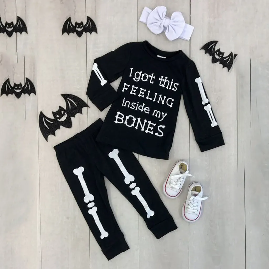 Halloween Toddler Kids Baby Boy Bone T shirt Pants Headband Outfits Costume Set Halloween letter top pants trousers set Dropship