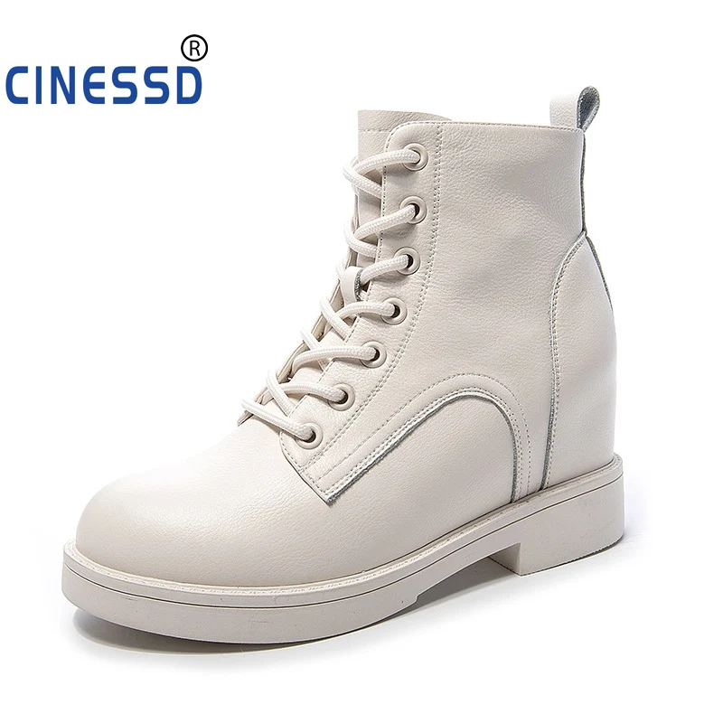 

Increase Short Shoes Women Casual Boots Women Cowhide Leather Boots White Lace-Up Martin Boots winter boots zapatos de mujer
